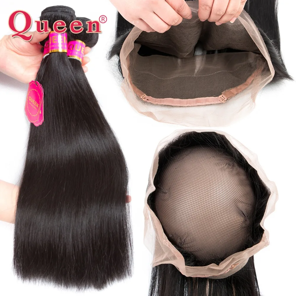 Brazilian Straight Hair Bundles With 360 Lace Frontal Closure Queen Hair 3 Bundles With 360 Closure Remy Natural Black Hair