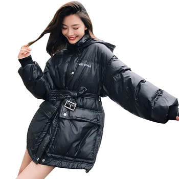 

2019 Korean Harajuku Hat Down Cotton Jacket Long Winter Coat Women Thick Warm Bread Clothes Loose Belt Plus Size Parka Feminina