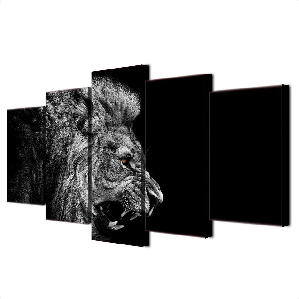 

Canvas Pictures Wall Art Framework Home Decor 5 Pieces Roaring Lion Paintings Modular Living Room HD Printed Black White Poster