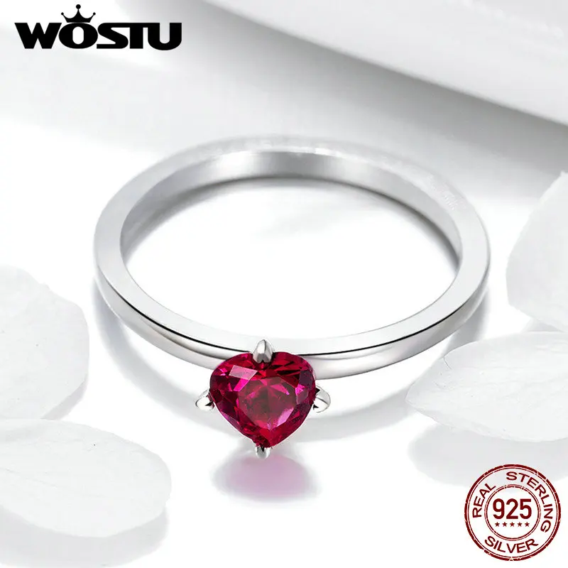 Женское кольцо WOSTU из серебра 925 пробы с красным сердечком и фианитом|Кольца| |