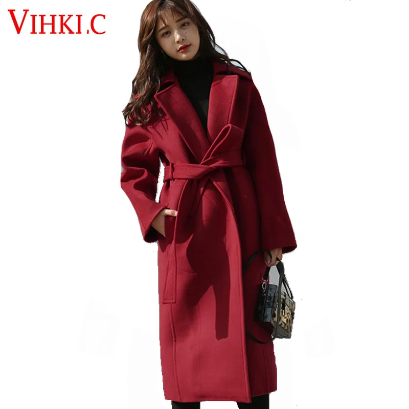 

New Fashion Russia Style Women Winter Long Section Coat Wine Red Adjustable Waist Trench Coat H309