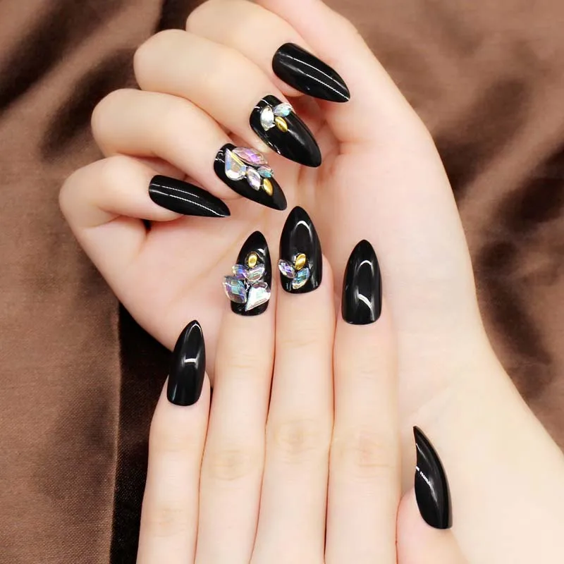 

New Stiletto False Nails with 3d Luxurious Rhinestone Black Bling Nail Art Tips Artificial Plastic Non-toxic for Pregnant Women