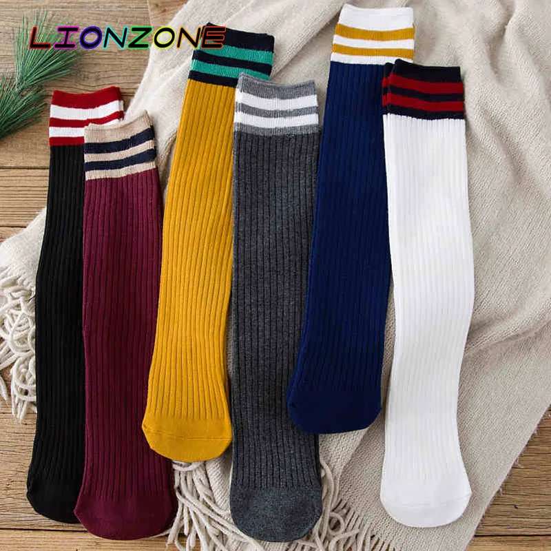 

LIONZONE 3Pairs Japanese Korean Students Adult Cotton Pile Stockings Female Two Bar Straight Long Tube Sox Thigh High Knee Socks