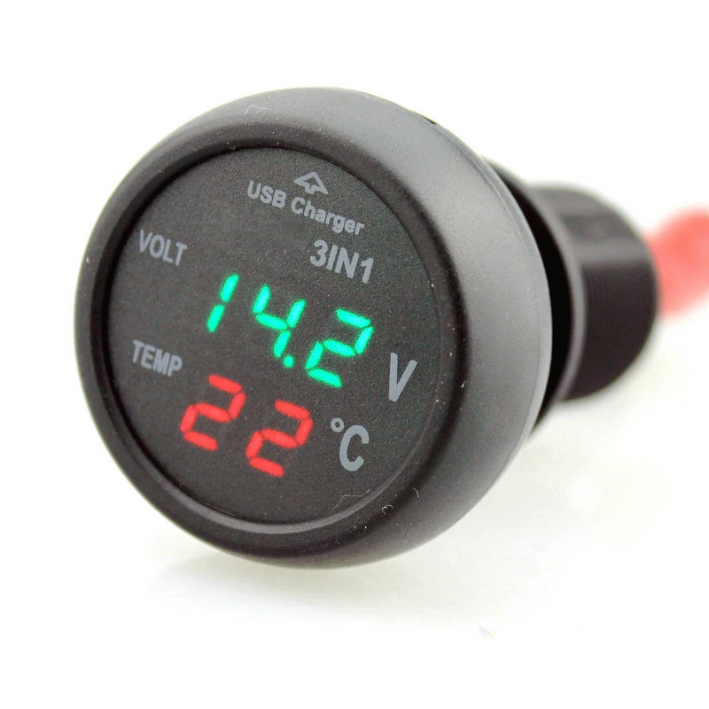 3in1 Car Cigarette Socket 12V 24V LED Digital Voltmeter Thermometer USB Charger USB Output