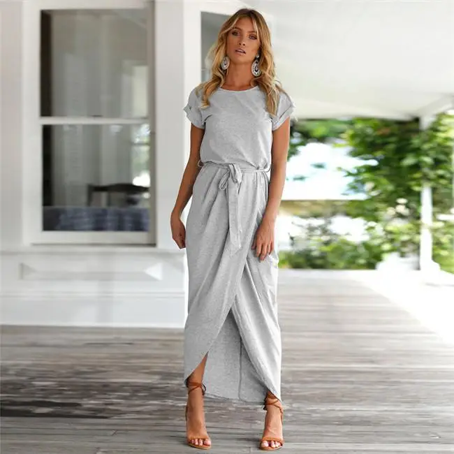 Dress Long Half Sleeve Slash Neck Off Shoulder Sexy Summer Loose Casual Solid Color Ankle-length Straight Dresses Vestidos - Цвет: 0432 gray