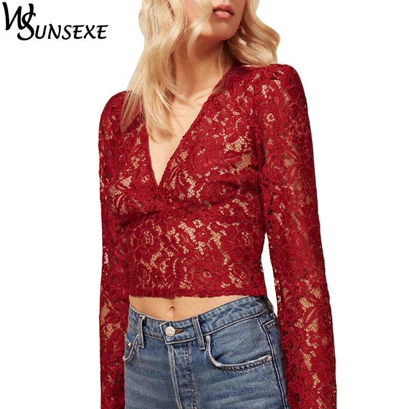 

Hollow Out Red Lace Crop Tops Women Sexy V Neck Long Sleeve Shirts Spring Summer Female New Casual Beach Slim White Short Tops