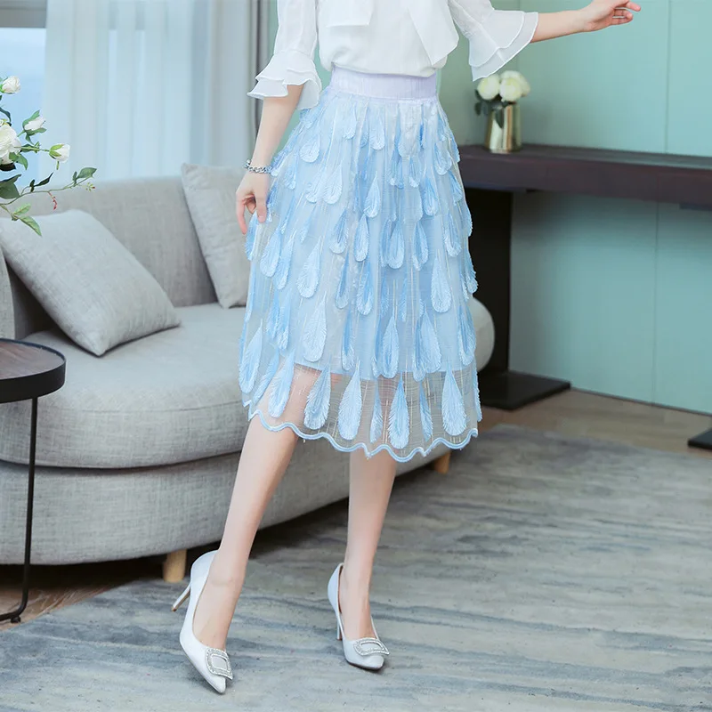 

Sweet Womens Lolita Skirt Luxury Embroidery Peacock Lace Skirts 2019 Summer High Waist Mid Long Party Ball Grown Pleated Skirt