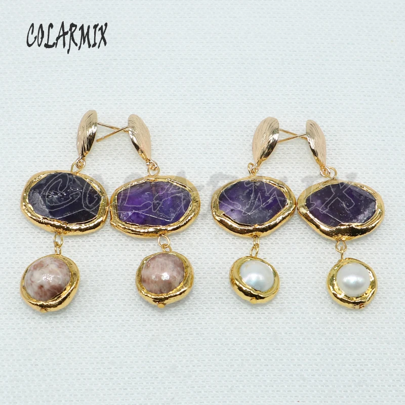 

4Pairs Double geometric link long stone earrings electroplated Gold color stone earrings Handmade natural stone earrings 4981