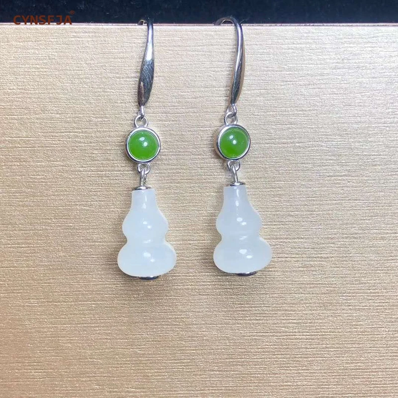 

Certified Natural Hetian Jade Inlaid 925 Sterling Silver Lucky Gourd Jade Earrings Hand Carved High Quality Wonderful Gifts