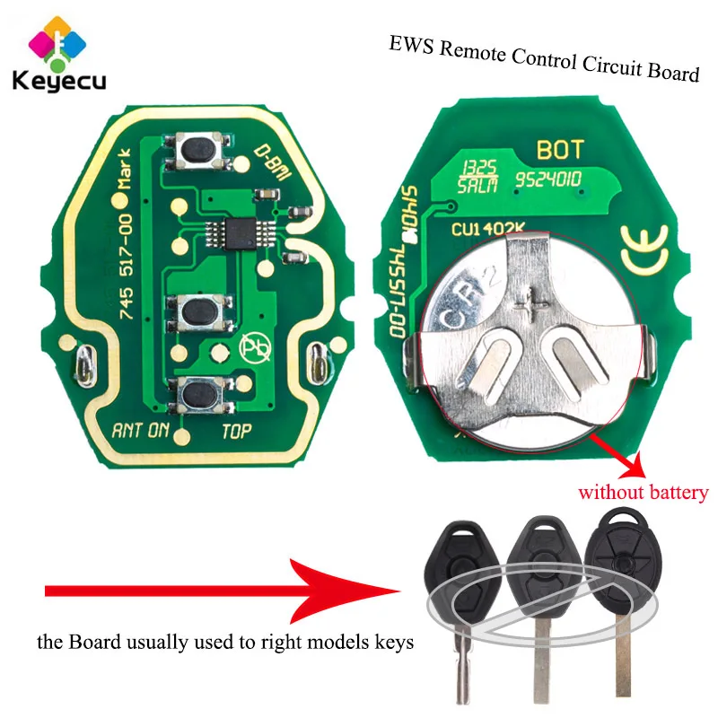 

KEYECU Replacement EWS Remote Control Circuit Board - 3 Buttons - 315/433MHz Adjustable for BMW Without Key Shell Only Board