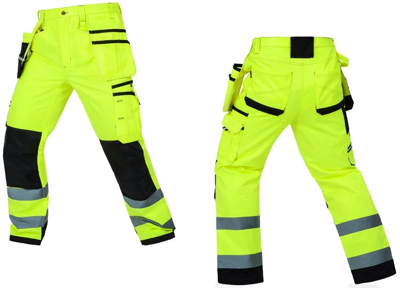 Светоотражающие мужские рабочие брюки высокая видимость флуоресцентный желтый мульти-карманы рабочие брюки с наколенниками Спецодежда