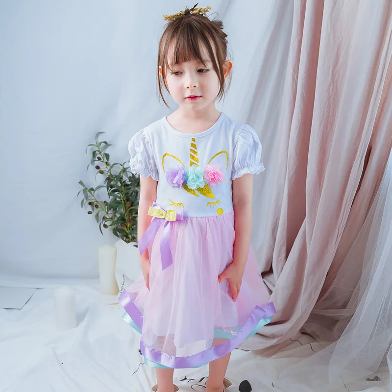 

2019 New Style Kids Dress for Girl Unicorn Flower Tutu Girls Party Dress Elegent Bridesmaid Wedding Girl Princess Kids 2-6 Years