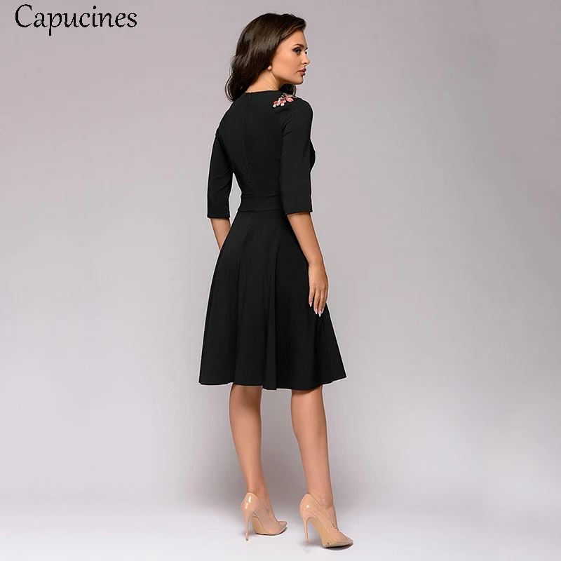 Capucines Мода 2019 Аппликация Черное платье женское Весна осень O образный вырез с