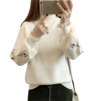 

2019 Autumn Winter Women Pullover Sweater Flower Embroidery Pullovers High Quality Loose Lantern Sleeve Knit Sweater Shirt