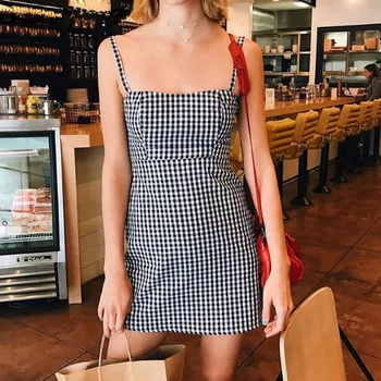 

2019 Newly Hot Women Summer Dress Plaid Strappy Sleeveless Backless High Waist Slim Fit Dresses MSK66