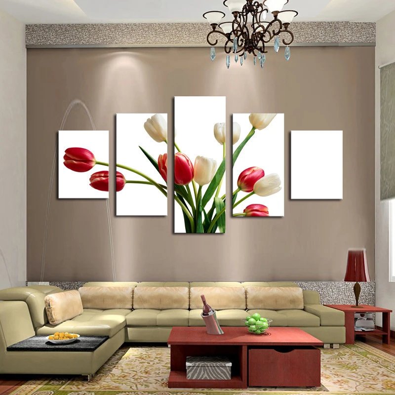 5 pieces. Red And White Tulip Bunga Lukisan Rumah Modern Living Room Decor Living Room HD Cetak Gambar Photographers Canvas Dibingkai Red And White Cat Tulip Painting Modern Prints Pictures AliExpress