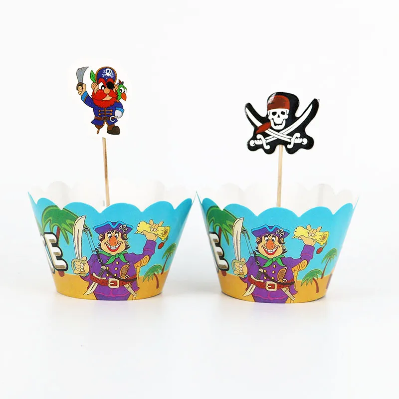 

24pcs/lot Cartoon pirate captain Cupcake Wrappers Topper Kids Party Birthday Decoration Cake Cups(12 wraps+12 topper)