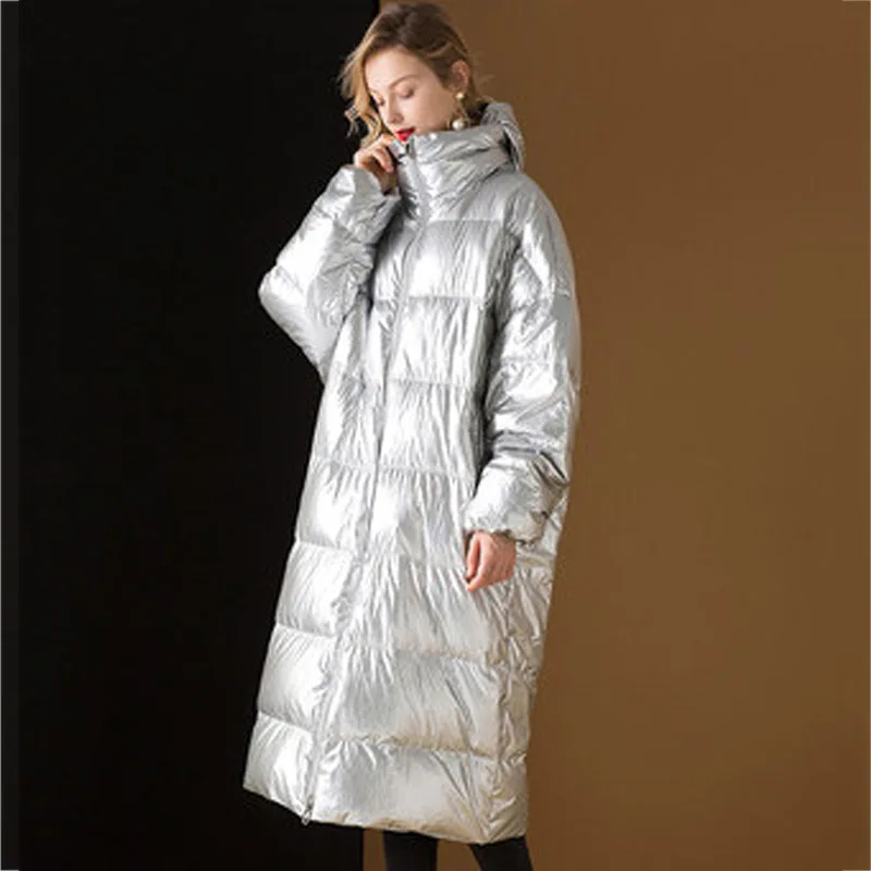 

Winter Coat Wiomen Duck Down Jacket Thicken Warm Long Parka Mujer Abrigos Fashion Bright Silver Overcoat Outwear tops LX2541