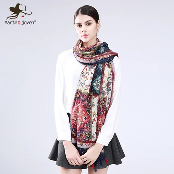 

Marte&Joven Women Artistic Style Floral Patchwork Printing Bohemia Scarf Soft Rural Style Flower Fringed Tassels Spring Shawls
