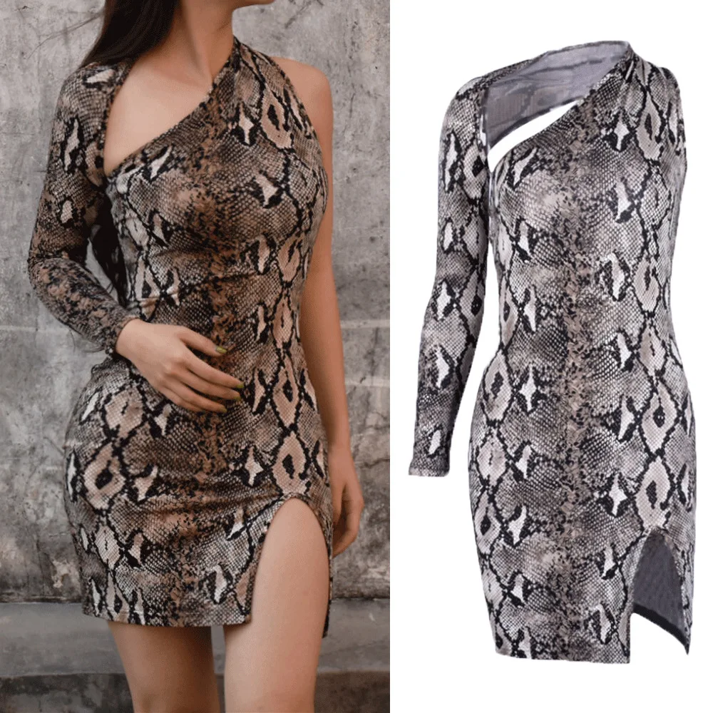 

Sexy Women Snake Print Bodycon Dress Ladies One Shoulder Strappy Party Dress Summer Backless Short Pencil Dress