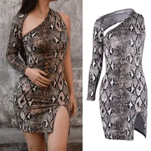 Sexy Women Snake Print Bodycon Dress Ladies One Shoulder Strappy Party Dress Summer Backless Short Pencil Dress bohemian strappy tribal print backless dress