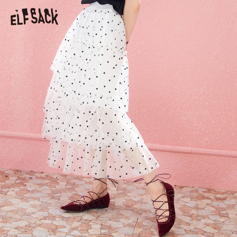

ELF SACK Fashion Dot Tulle Skirt Asymmetrical Women Long Skirt Japan Style Sweet Basis Femme Skirts 2019 New Summer Skirts
