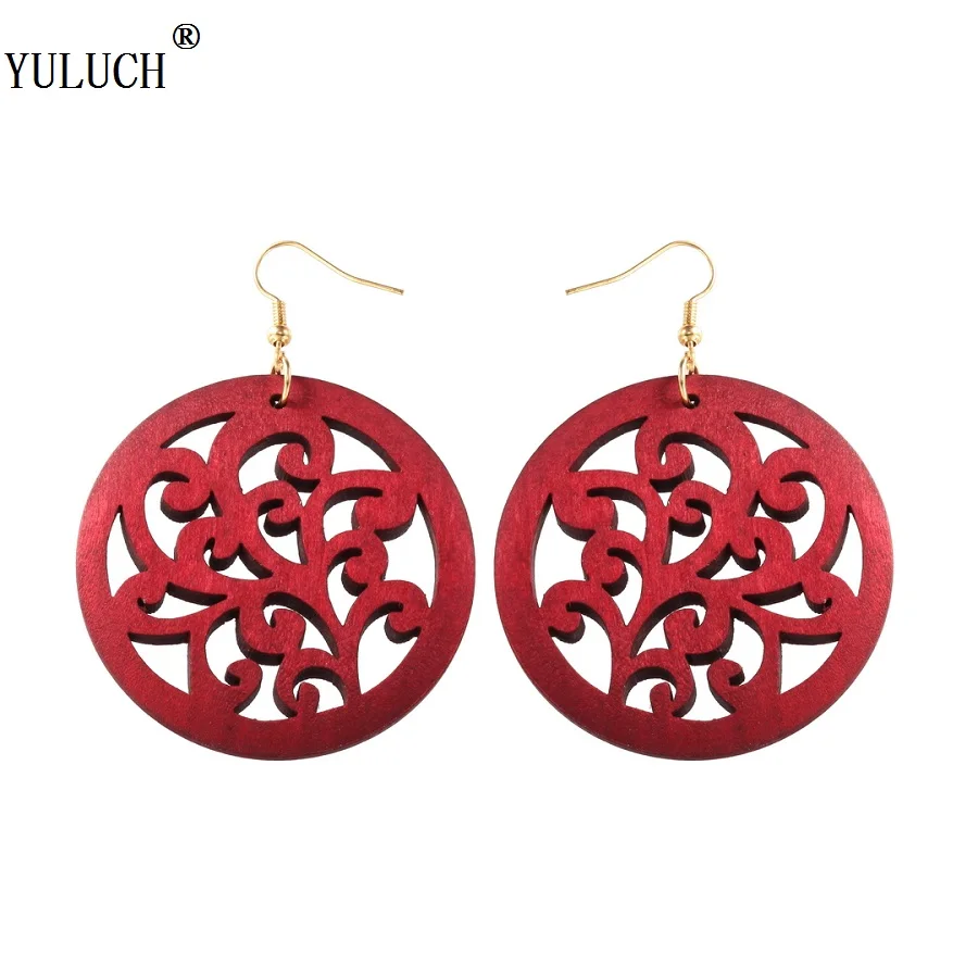 

YULUCH Natural Wooden Earrings Round Hollow Plants Pattern Wooden Earrings Fashion Jewelry For Woman Girls Party Wedding Gifts