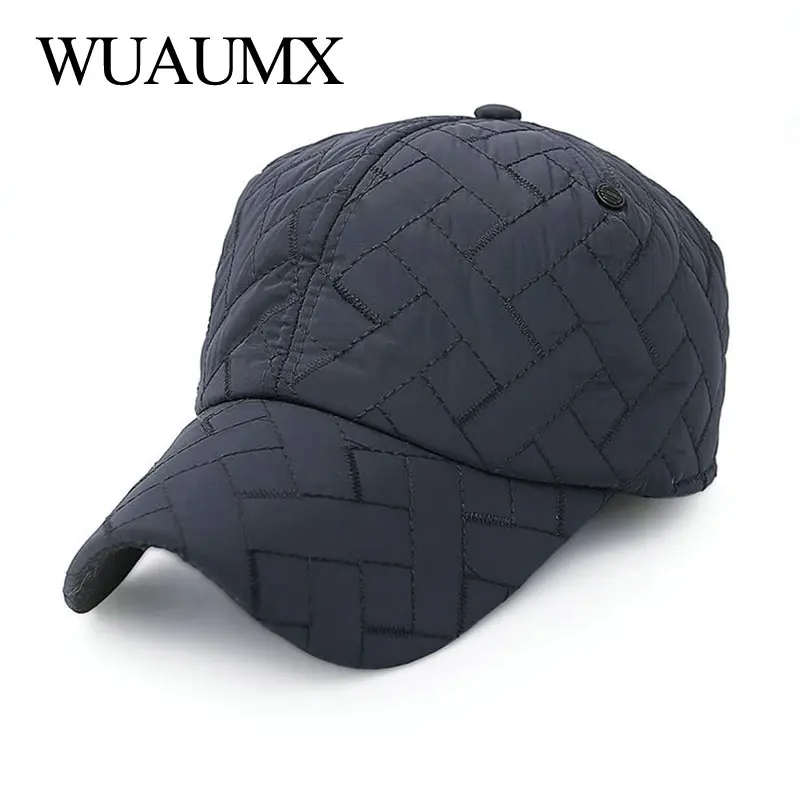 Wuaumx, однотонная зимняя бейсболка для мужчин с ушками, теплая Бейсболка из хлопка, головные уборы для отца, защита ушей