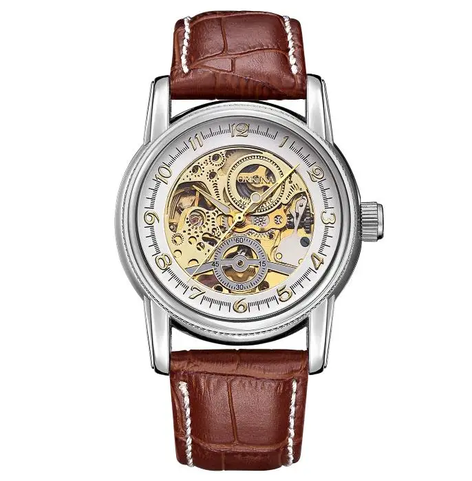 Классические ретро мужские часы со скелетонным циферблатом русские стильные автоматические механические часы винтажные наручные часы relogio masculino - Цвет: brown silver