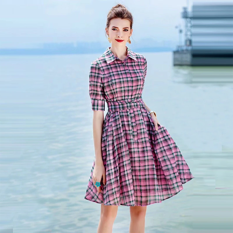 Summer Plaid Dress Fashion Women Pretty Elegant Short Sleeve Turn down