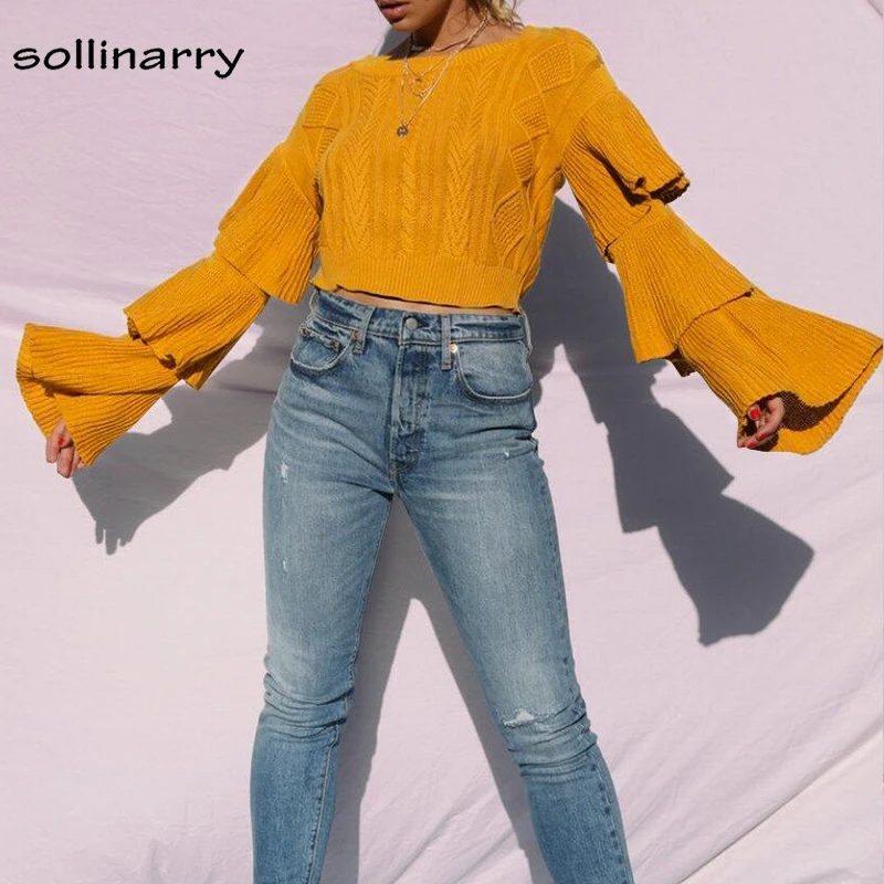 Sollinarry Fashion 2018 Harajuku Long Sleeve Ruffle Crop Sweater Women Winter Tops Streetwear Knit Pullover Jumper | Женская одежда
