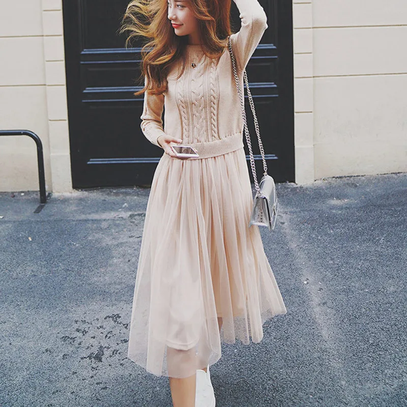 

Women's Dresses Mesh Knitted Spliced Solid Dress High Waist Elegant Midi Sweater Dress Autumn Casual Warm Vestidos Female Clothe