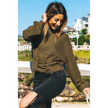 

New Spring Women Streetwear Casual Long Sleeve Knitted Sweater Lace Up Female Slim Solid O-Neck Knitting Pullovers