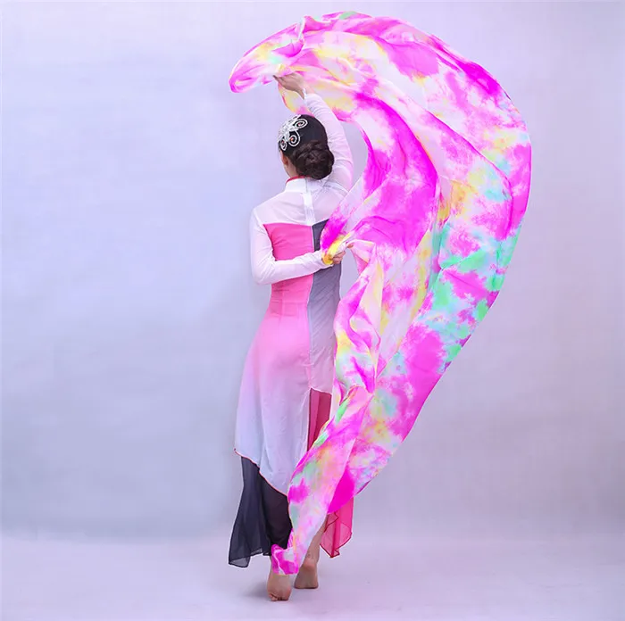 Женский шелковый шарф для танца живота для девушек с большим цветком, окрашенная вуаль для танцев и шарф, Индивидуальный размер, цвет розовый фиолетовый