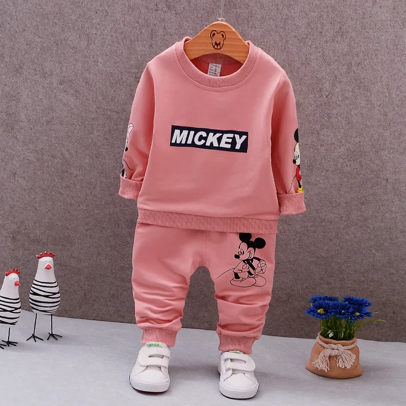 Одежда для маленьких девочек весенне-осенний костюм из 2 предметов с изображением Микки для малышей Детский комплект для мальчиков, толстовка+ штаны, спортивные костюмы - Цвет: Розовый