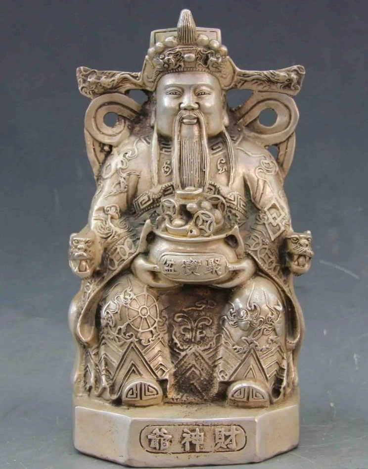 Chinese Folk Temple White Copper Bronze Silver Lucky God of wealth Boddha Statue | Дом и сад