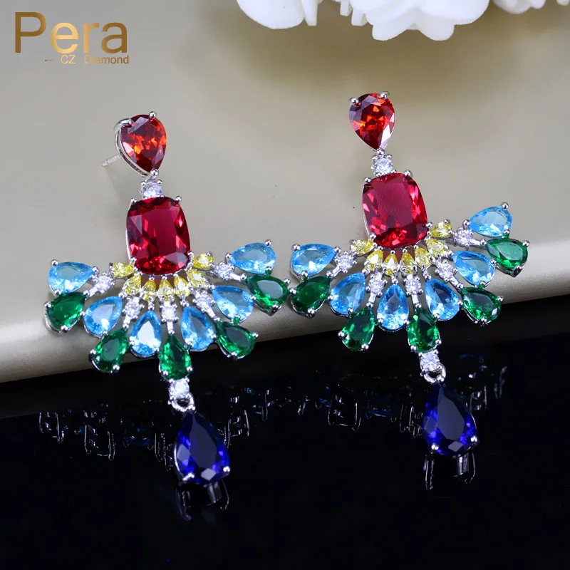 

Pera Luxury Ethnic Bohemian Style Big Multi Cubic Zirconia Pave Sterling Silver Pin Drop Earrings For Women Christmas Party E308