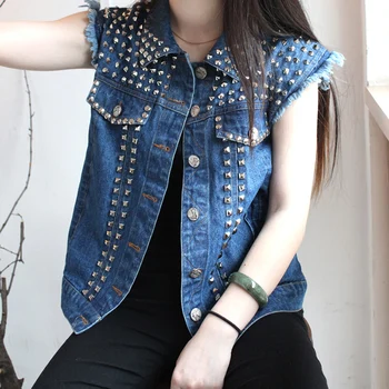

2017 Direct Selling Rushed Vest Chalecos Mujer Woman Cowboy Waist Shoulder Heavy High-end Rivets Washed Worn Punk Vest Female