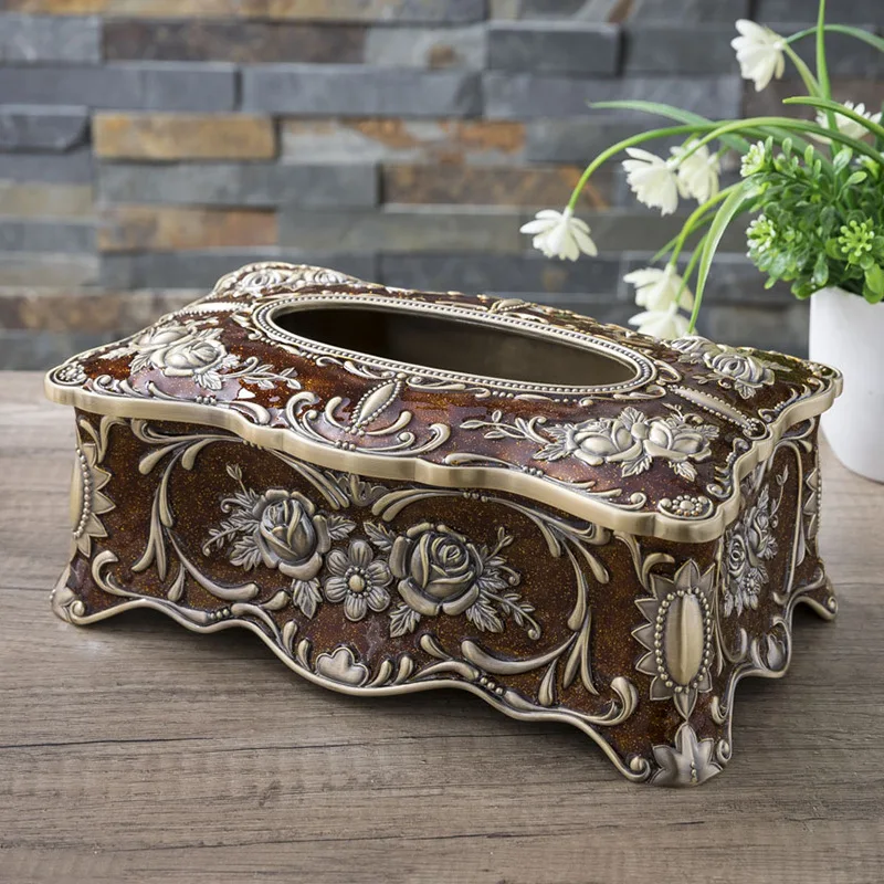

Metal Creative Retro Rose Large Tissue Box European Living Room Dining Room Bathroom Household Tray Storage Box
