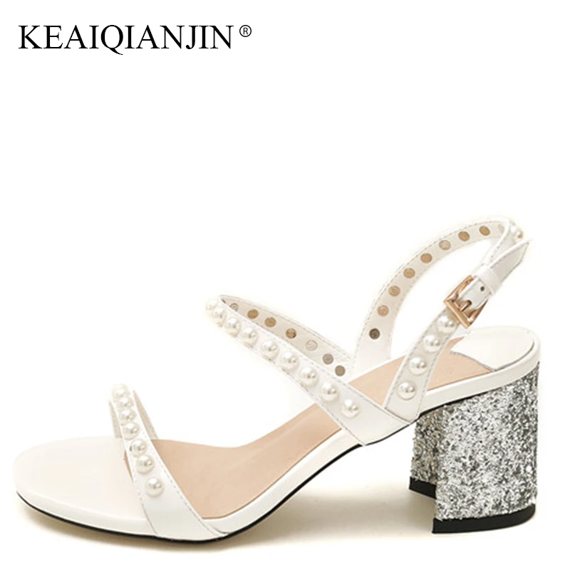 

KEAIQIANJIN Woman Black Peep Toe String Bead Sandals Fashion White High Heels Shoes Sexy Summer Genuine Leather Open Toe Sandals