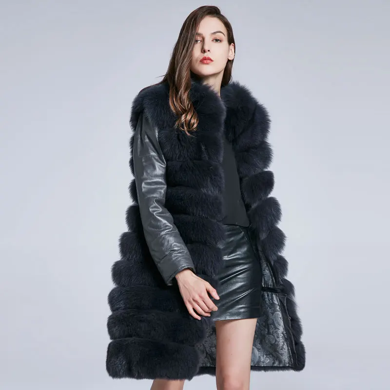 

Fox Coat Winter Lady Fashion Jacket Leather Jacket Furry Sleeve Removable Coat Hem Removable Design Warm New 2018 New HYR-90C