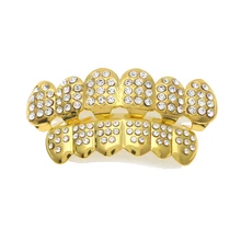Iced Out CZ Chapado En oro Grillz Dientes Diente Tapas Superior E Inferior Hip Hop Bling Superior Parrilla de Modo Libre Rhinestone Fiesta de Navidad de Regalo