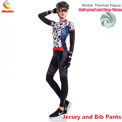 Malciklo цветные пятна Тепловая флисовая зимняя велосипедная одежда женская велосипедная одежда Pro Team Велоспорт Джерси набор - Цвет: Jersey and BIB Pants