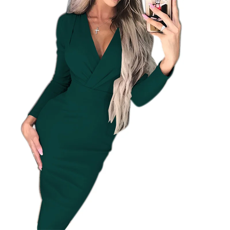 Sexy Women Dress Autumn V-Neck Slim Long Sleeve Bodycon Dress Woman Fashion Vestidos Female Lady Clubwear Evening Party Dresses