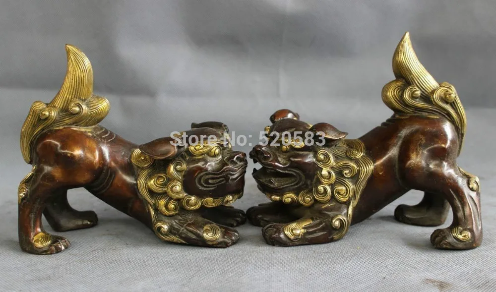 

Chinese Bronze Gilt FengShui Wealth Foo Fu Dog Lion Head PiXiu Statue Set Pair