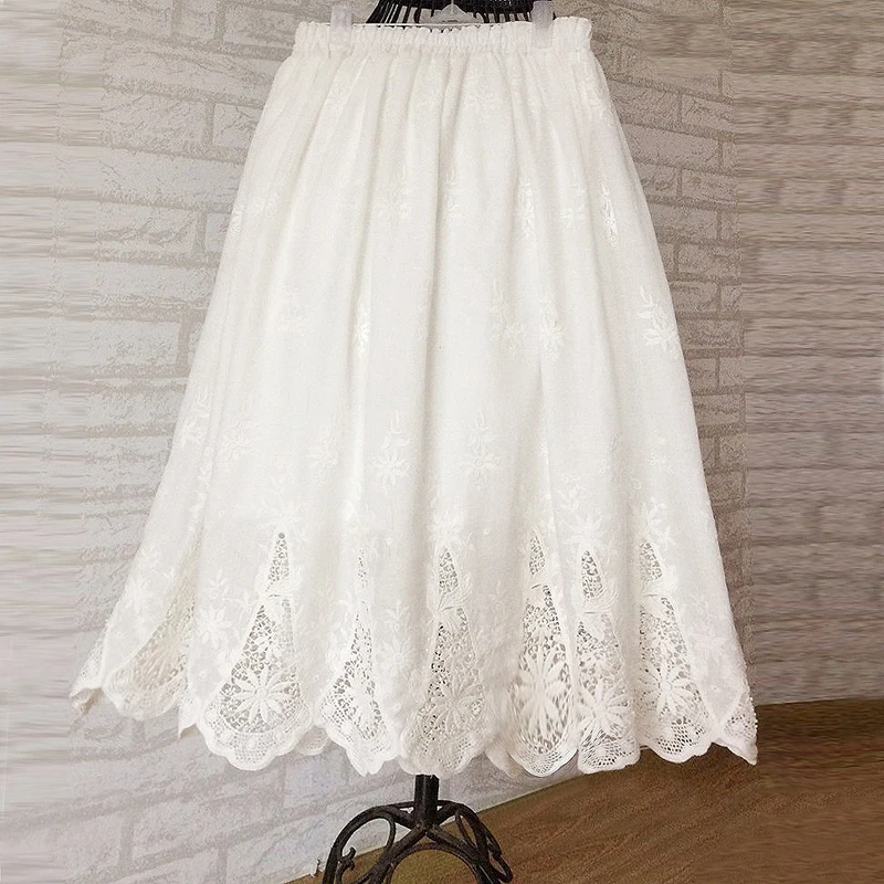 

mori girl 2019 summer Romantic white openwork embroidery Retro cotton A-Line skirt 33979