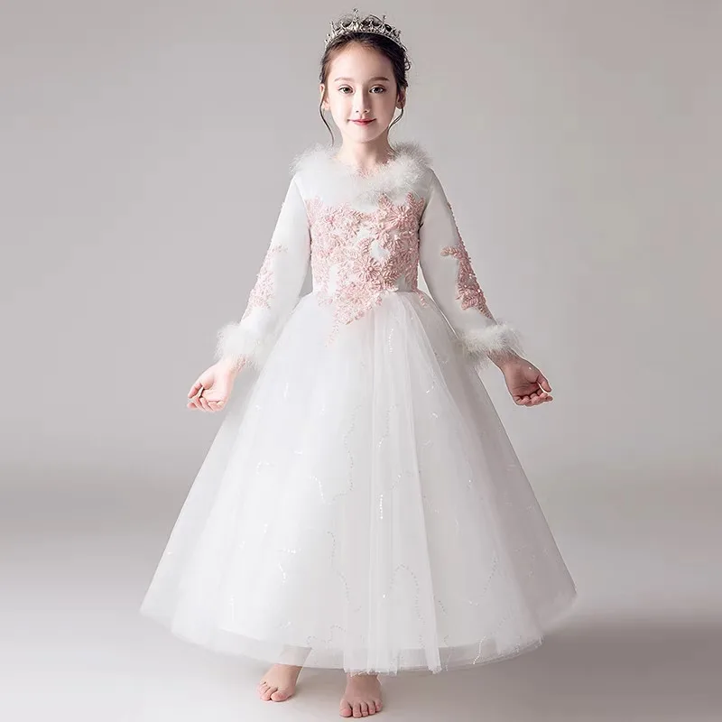 

2018Autumn Winter Warm Children Girls Embroidery Lace Birthday Wedding Evening Party Long Mesh Dress Teens Piano Costume Dress