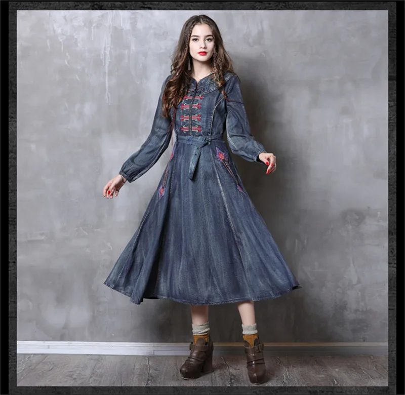 Vintage Autumn Dress Women 2018 Brand Denim Vestidos Stand Collar Long Sleeve Embroidery Belted Slim Wasit Women Dresses 82115 (8)