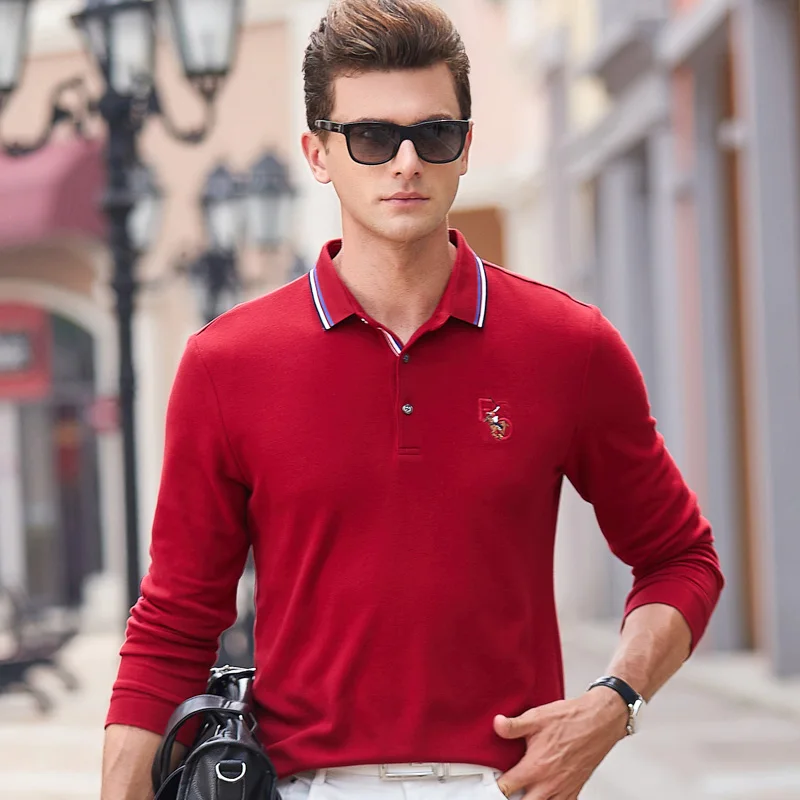 Высокое качество, сплошной цвет, 3D вышивка, поло, деловые повседневные рубашки поло, мужские рубашки поло с длинным рукавом, новинка, мужские поло 8893