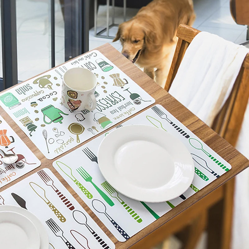 

Cartoon Mats Fork Spoon Printed Dinner Placemats PVC Western Pad Insulation Dinning Table Mat Kitchen Plate Pot Mat Dishes Pad